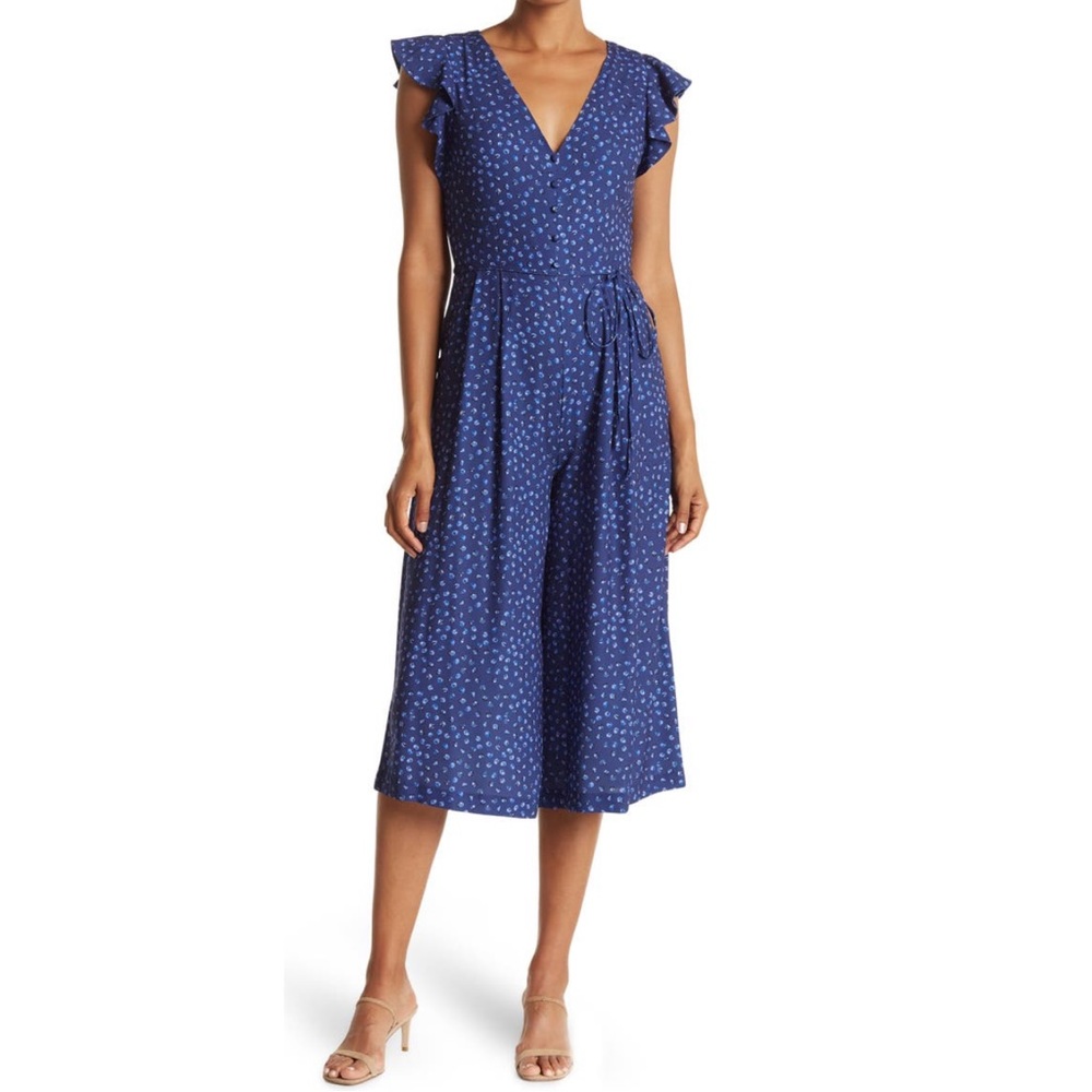 Vince Camuto Abstract Dot Crepe Ruffle Shoulder Jumpsuit New With Tag